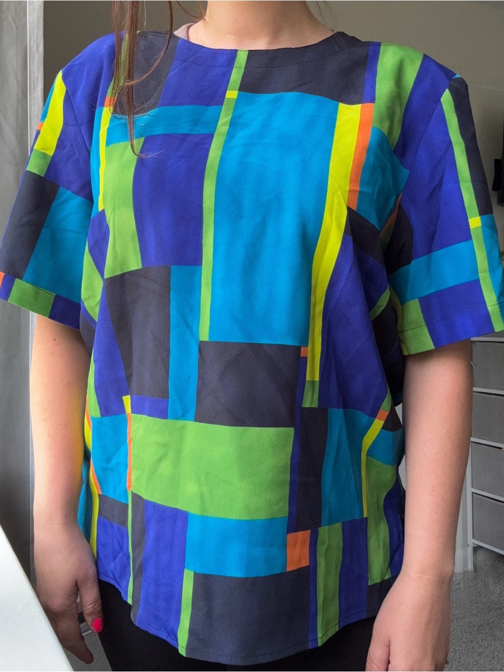 Vintage 90s Kathy Che Geometric Colorblock Blouse with Shoulder Pads XL
